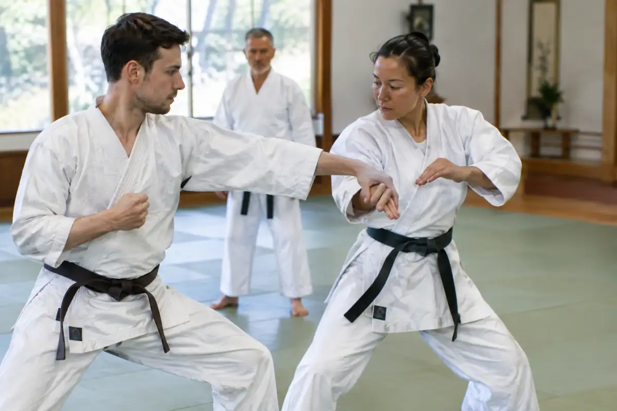 Deux pratiquants en keikogi travaillent une esquive et un contrôle du poignet en shorinji kempo sur tatami.