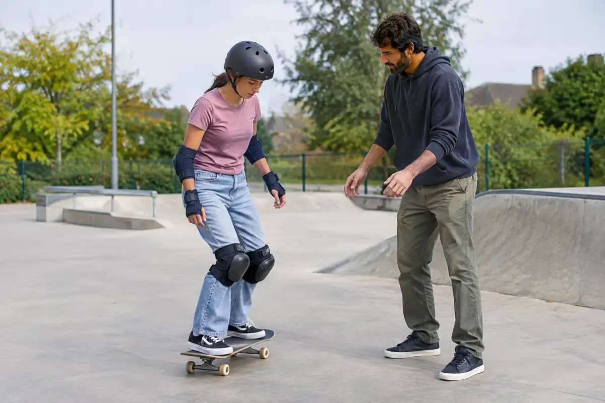 Débutant en skateboard, casque ajusté, travaille son équilibre sur le plat près d’une pente douce sous le regard d’un encadrant.