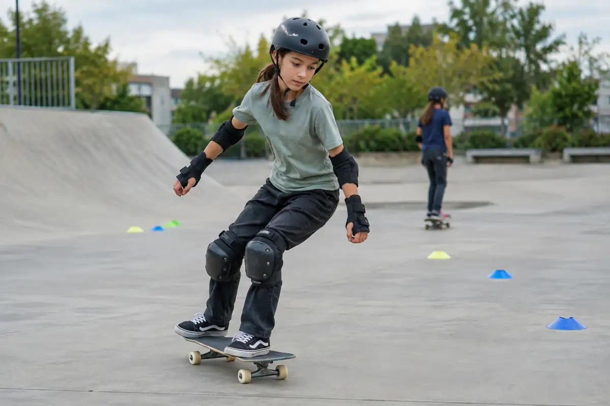 Skateur équipé travaillant ses trajectoires et ses appuis à faible vitesse sur une zone dégagée de skatepark.