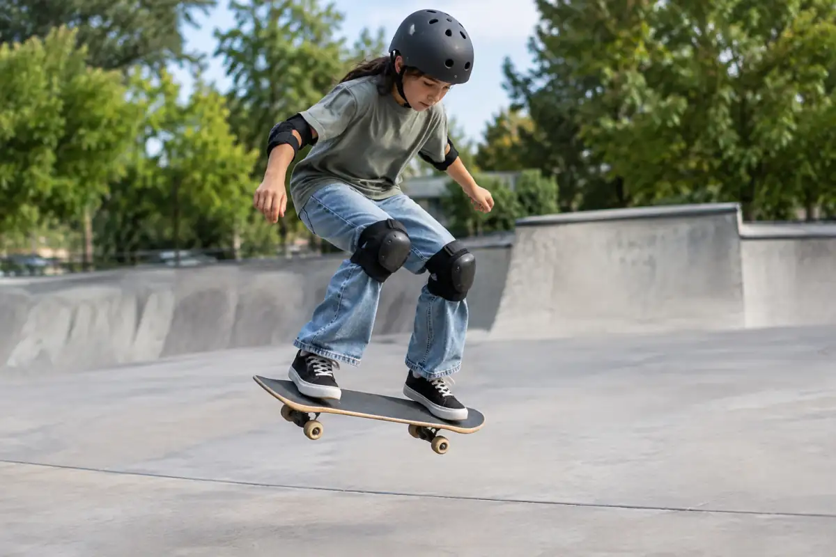 Débutant en skateboard street qui travaille un ollie bas sur un sol plat, avec casque et protections dans un skatepark dégagé.