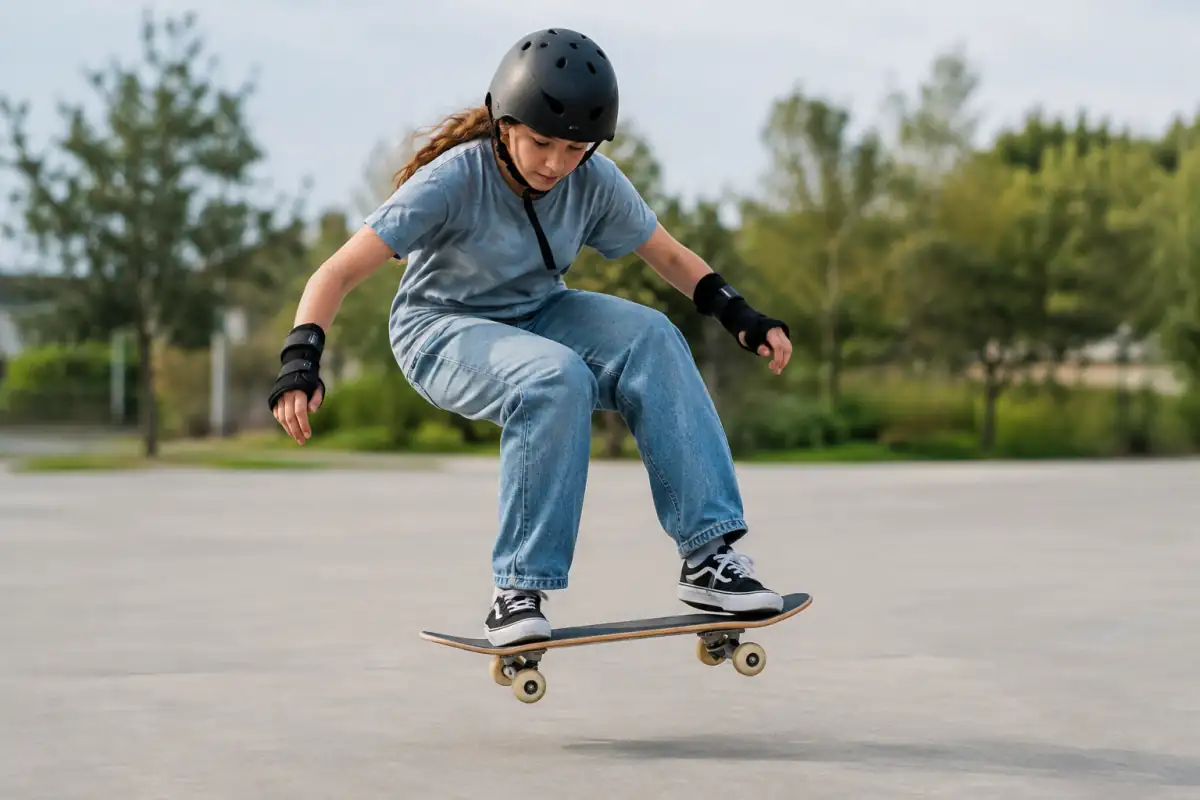 Débutant en skateboard réalisant un ollie bas sur un sol plat, le pied avant glissant vers le nose et les genoux repliés.
