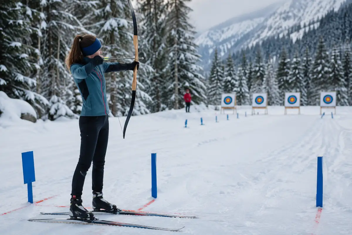 Une skieuse-archère s’arrête sur un pas de tir enneigé et vise les cibles avec son arc classique, skis de fond aux pieds.