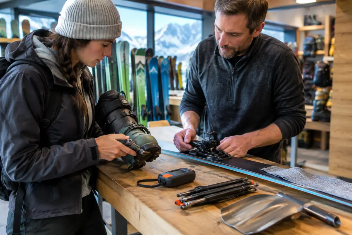 Un débutant vérifie les inserts d’une chaussure, la fixation à pins et l’ajustement des peaux auprès d’un professionnel.