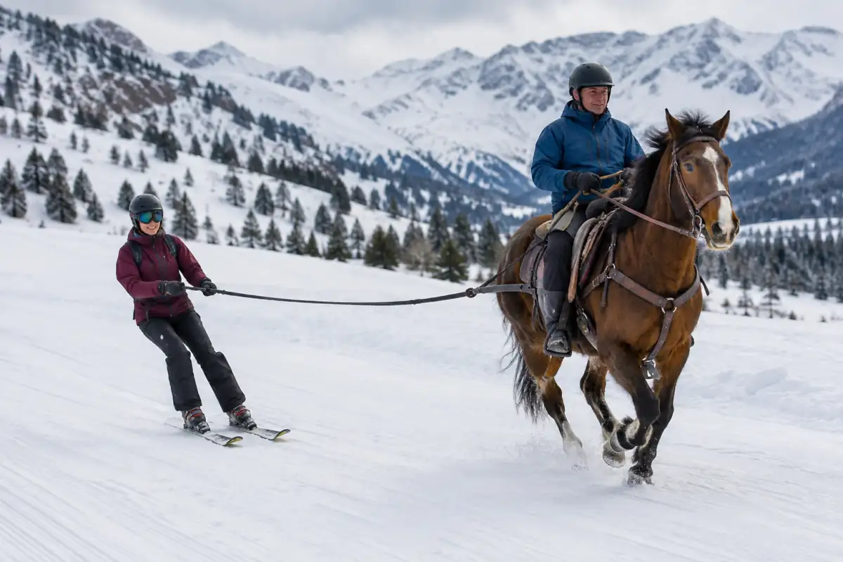Un skieur en casque glisse sur une piste enneigée, tracté par un cheval conduit par un cavalier-guide.