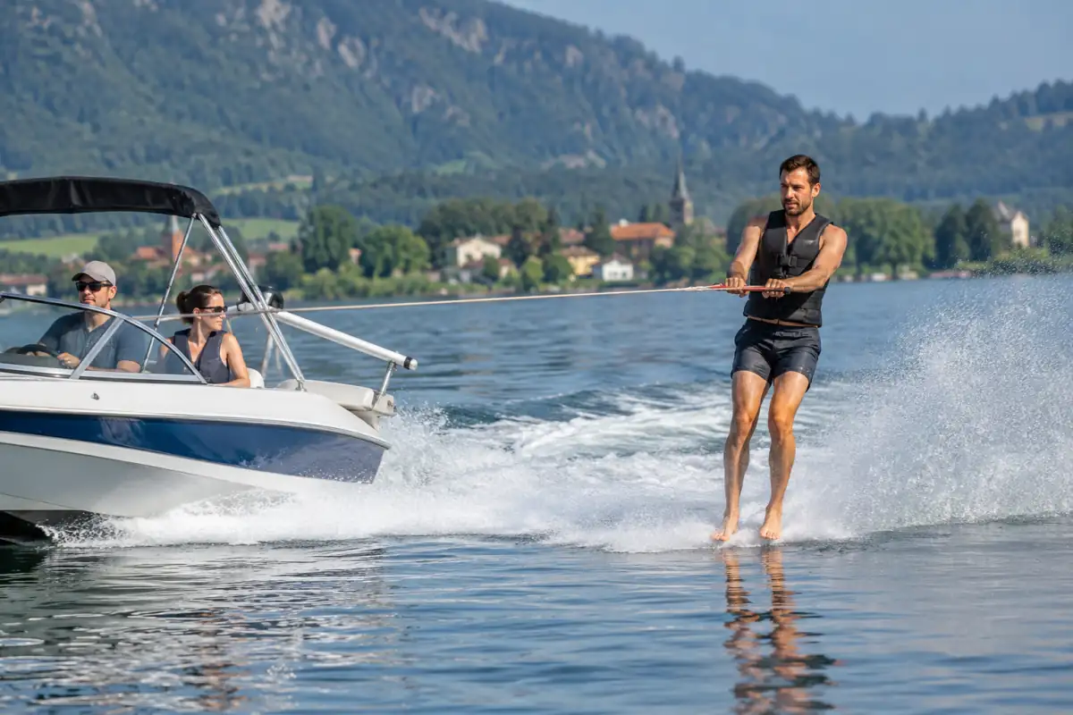 Un pratiquant de ski nautique pieds nus glisse sur le sillage d’un bateau, accompagné d’un observateur à bord.