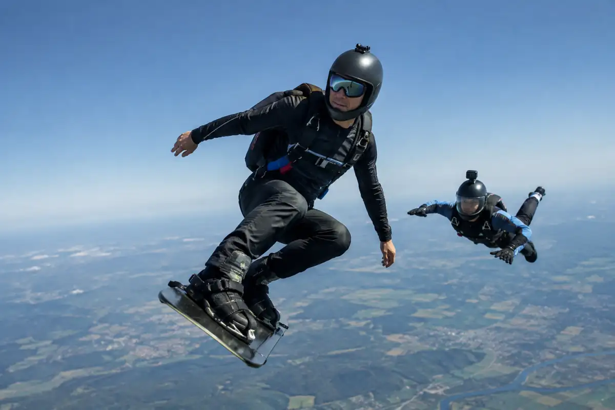 Un parachutiste en skysurf réalise une rotation contrôlée, planche aux pieds, tandis qu’un vidéoman le filme en chute libre.