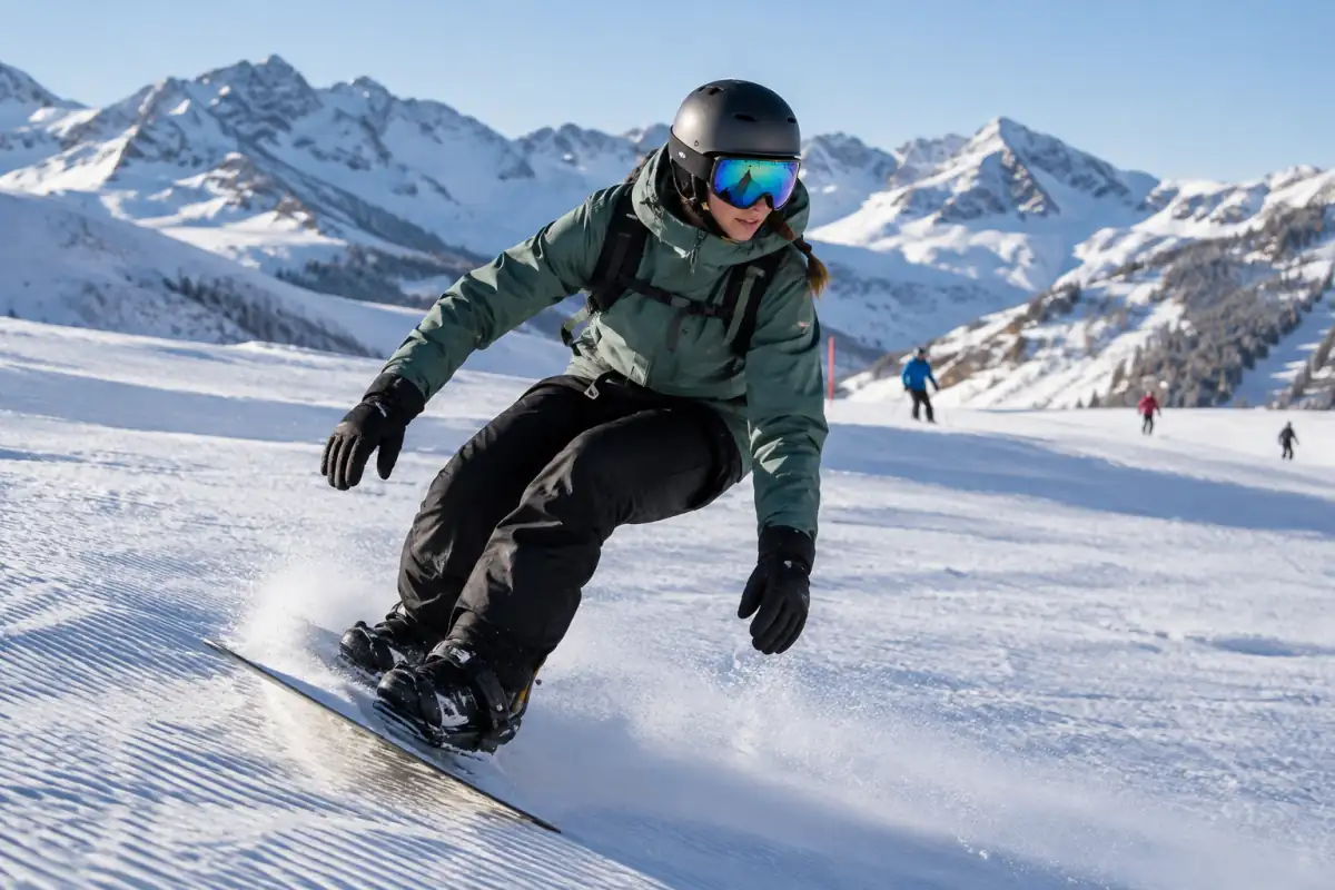 Un snowboarder casqué réalise un virage appuyé sur une piste damée des Alpes, sa planche projetant de la neige.