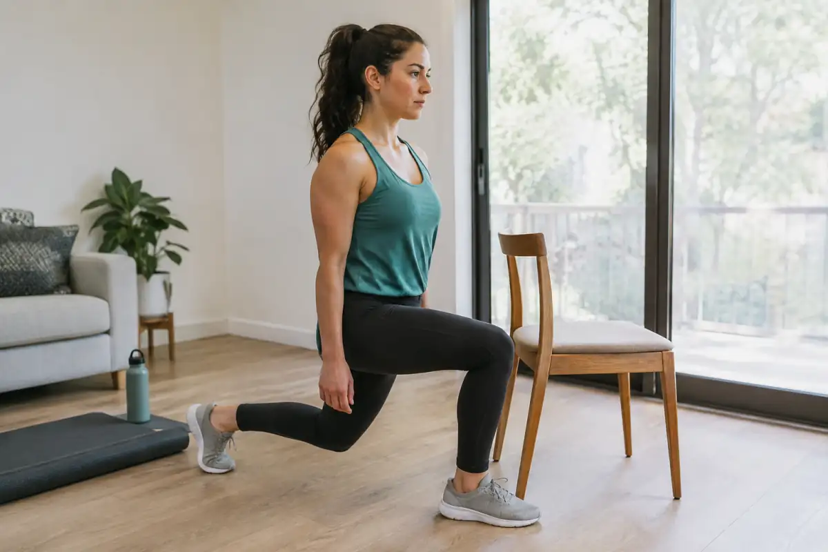 Débutant en préparation snowboard réalisant un squat fendu près d’une chaise pour travailler ses jambes et son équilibre.
