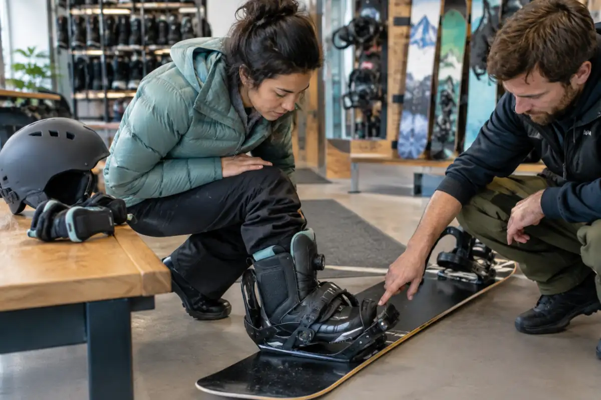 Un débutant vérifie le débord de ses boots dans les fixations d’une planche, avec casque et protections posés à proximité.