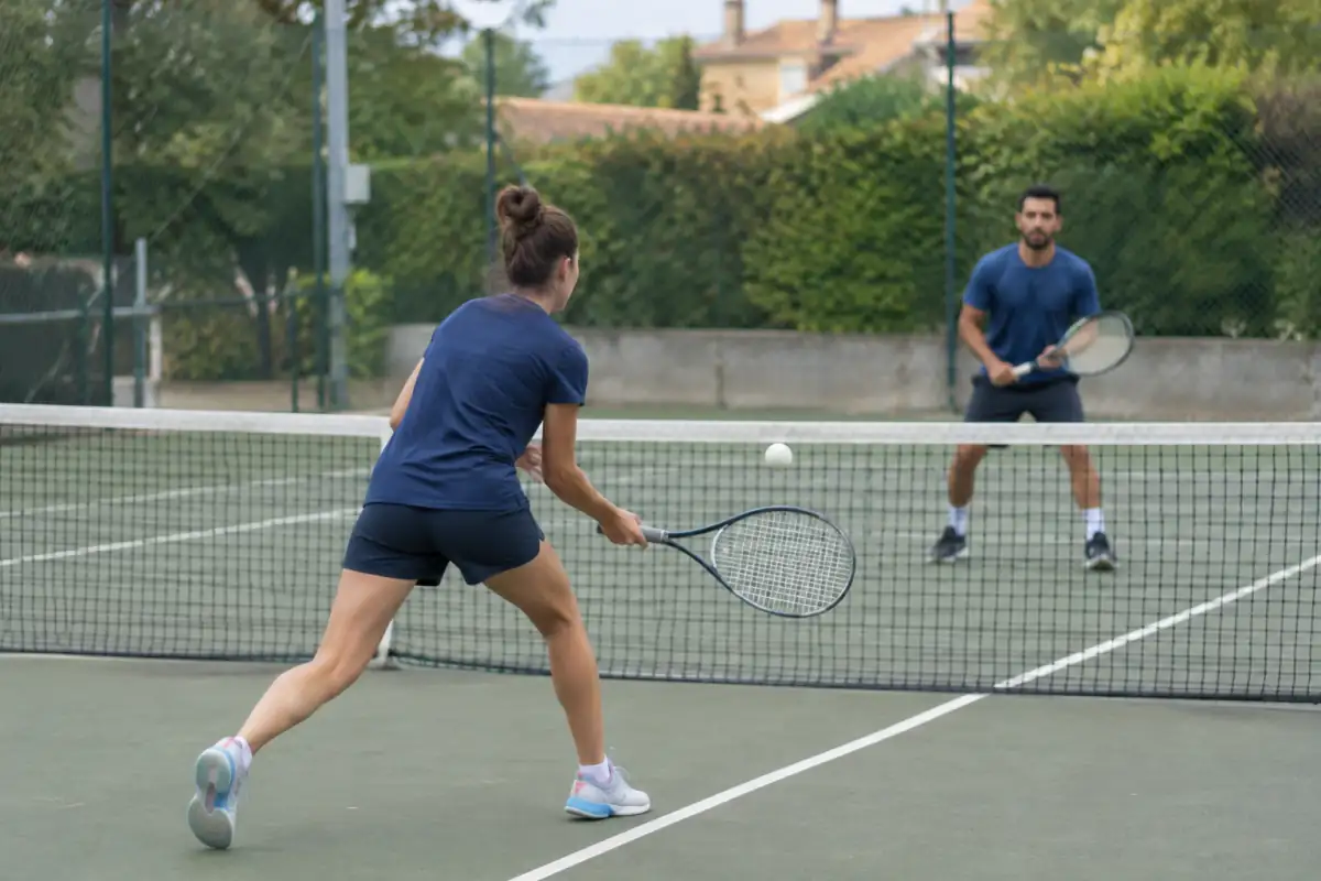 Échange de soft tennis sur un court extérieur, avec raquettes spécifiques et balle souple en caoutchouc au-dessus du filet.