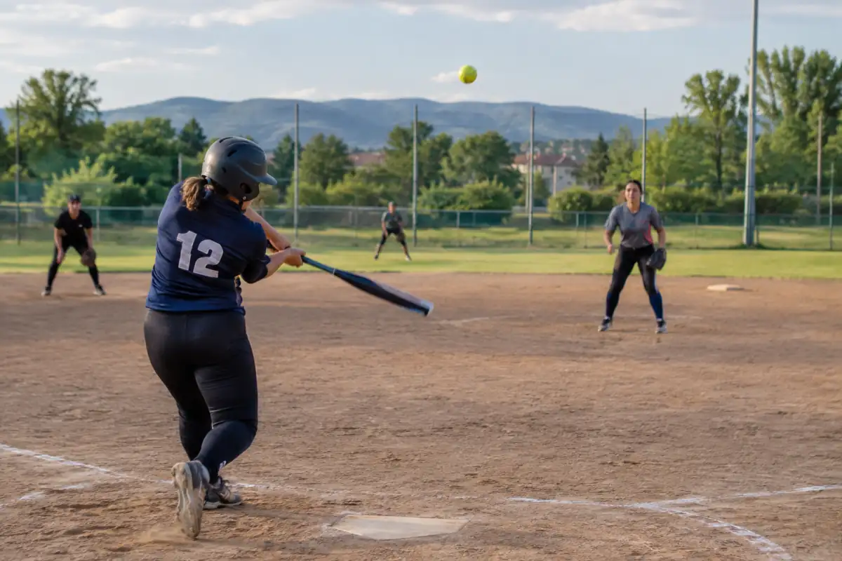 Une frappeuse de softball slowpitch balaie une balle lancée en cloche sur un terrain extérieur, tandis que la défense se met en position.