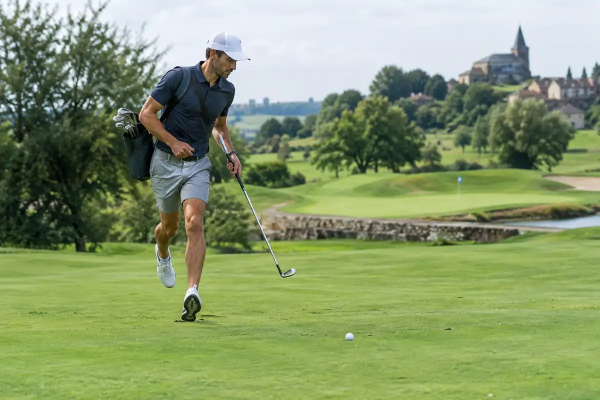 Une joueuse de speed golf court sur un fairway avec un sac léger et quelques clubs, avant de préparer son prochain coup.
