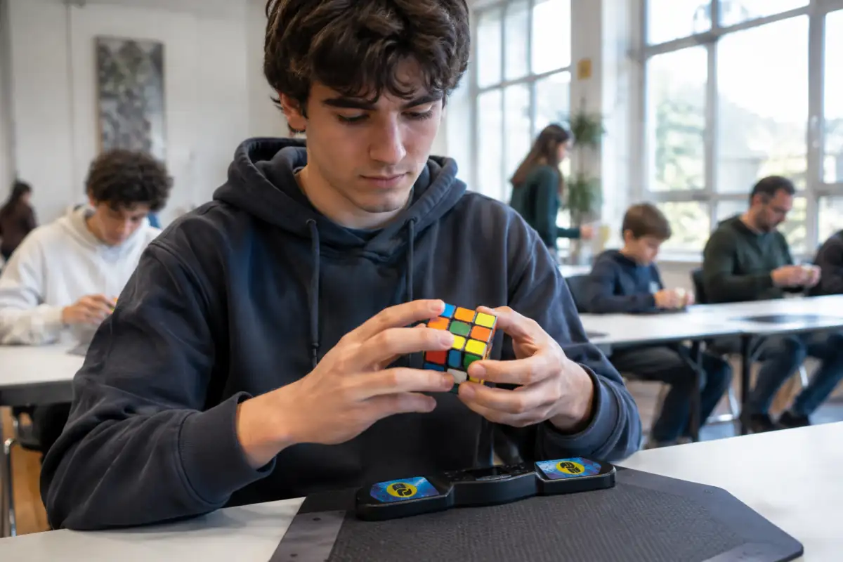 Un pratiquant de speedcubing tourne un Rubik’s Cube 3 × 3 au-dessus d’un tapis de chronométrage.