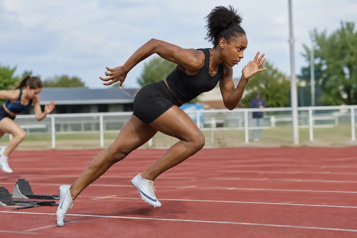 Sprinteuse en phase d’accélération sur une piste d’athlétisme, en tenue de course et pointes aux pieds.