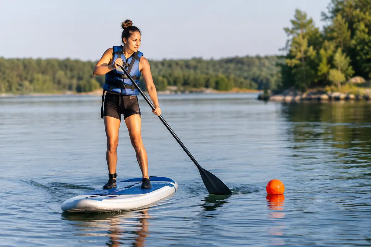 Une débutante en stand up paddle répète un virage autour d’une bouée sur un lac calme, avec une posture souple et un gilet adapté.