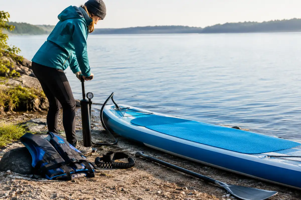 Débutant vérifiant la pression d’un paddle gonflable et réglant sa pagaie avant une sortie sur un lac calme.