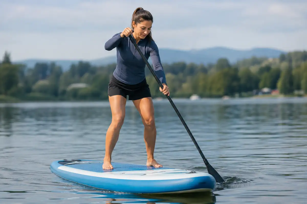 Débutante en stand up paddle, genoux souples, pale immergée près du rail et pagaie tenue à deux mains.