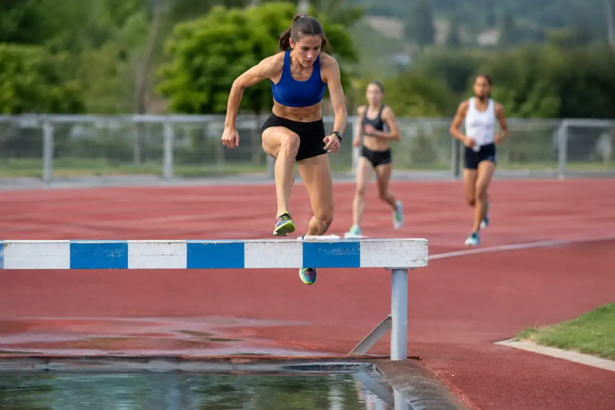 Une athlète franchit la barrière et la fosse d’eau lors d’une course de steeple sur une piste d’athlétisme.