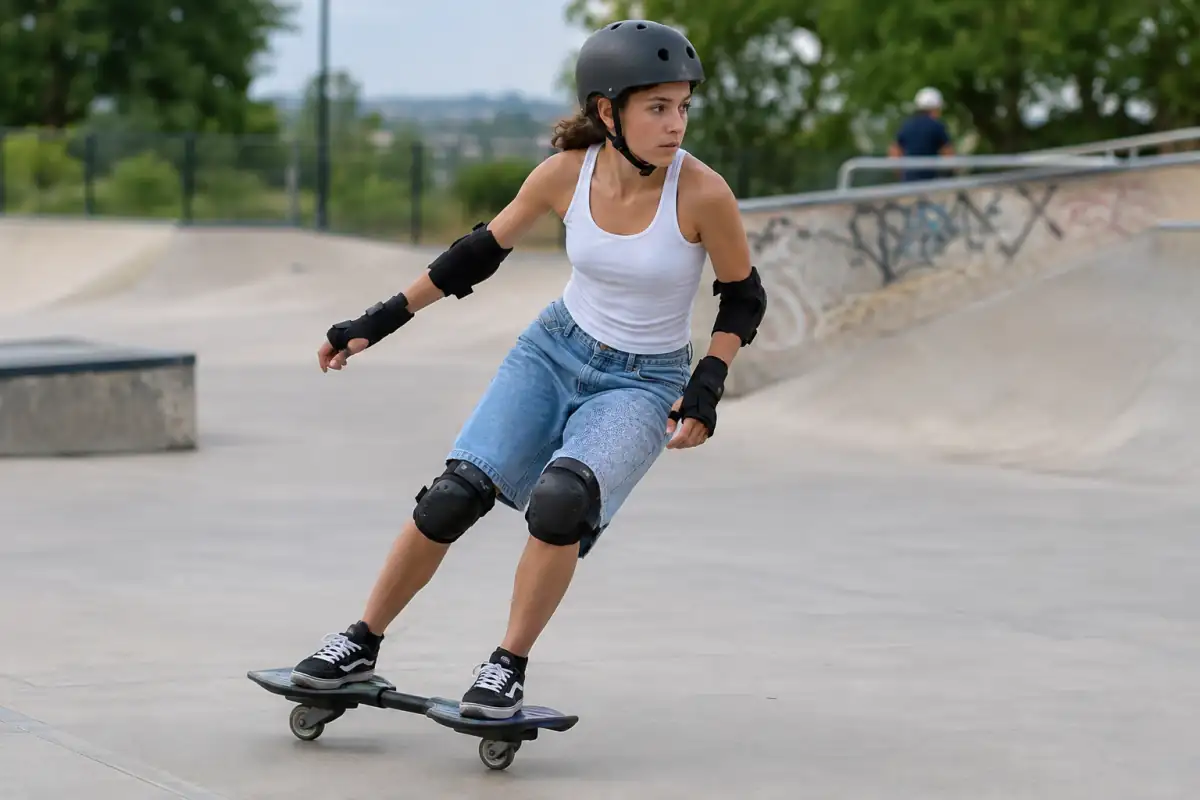 Un pratiquant de streetboard tourne sur une dalle lisse de skatepark, avec casque et protections aux poignets et aux genoux.