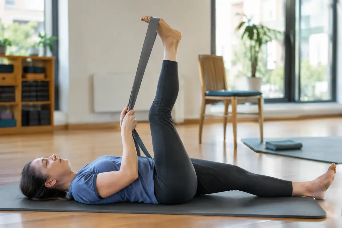 Une pratiquante réalise un étirement doux de l’arrière de la cuisse avec une sangle, allongée sur un tapis.