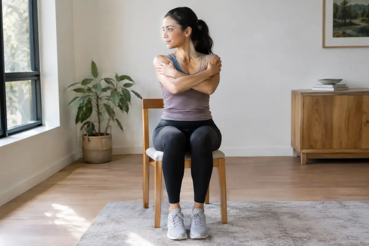 Une personne assise sur une chaise stable effectue une rotation douce du haut du dos, les pieds posés au sol.