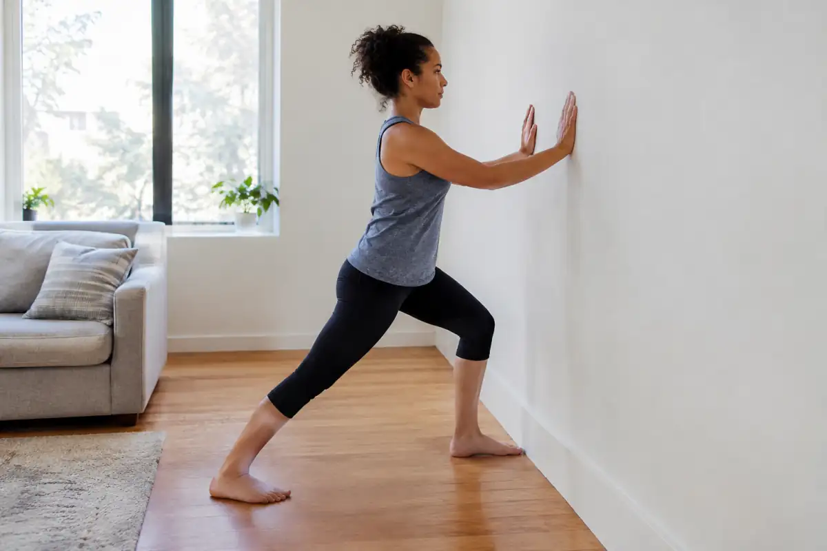 Débutant réalisant un étirement doux du mollet contre un mur, avec les mains en appui et le talon arrière posé au sol.
