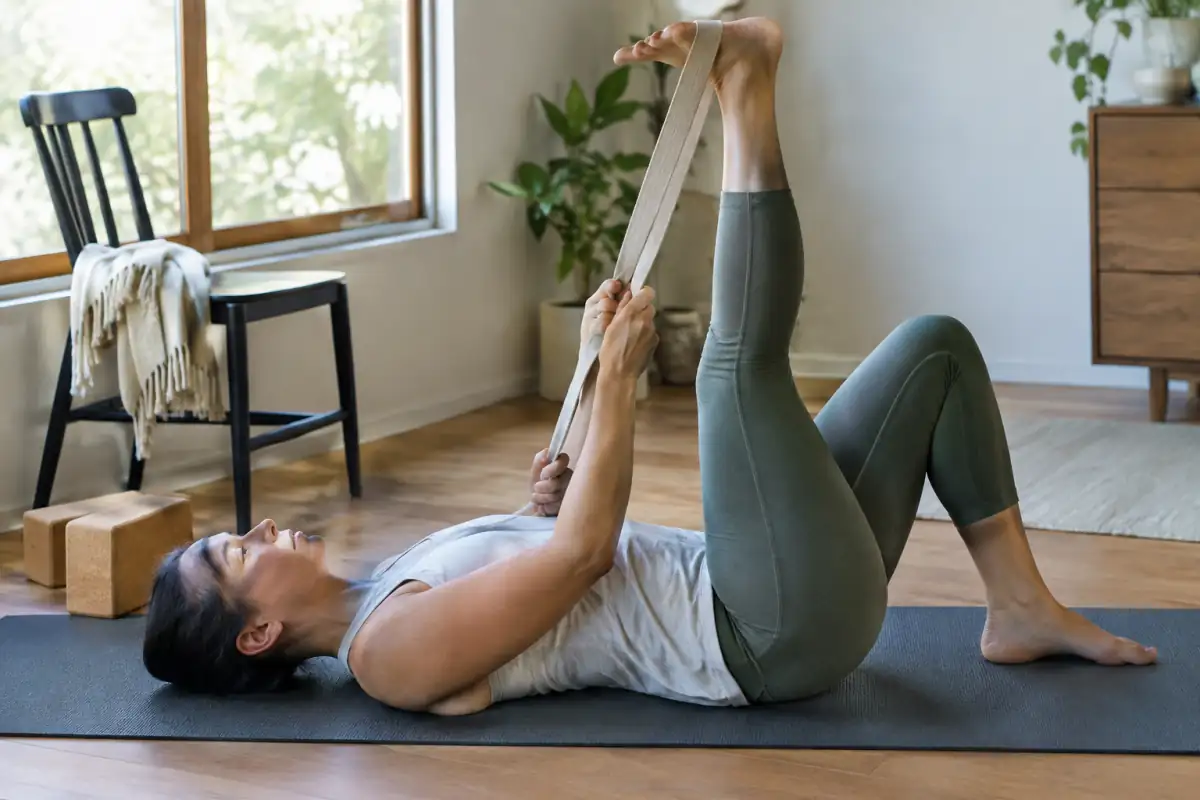 Une personne s’étire sur un tapis avec une sangle autour du pied, tandis que des briques et une chaise restent à portée de main.