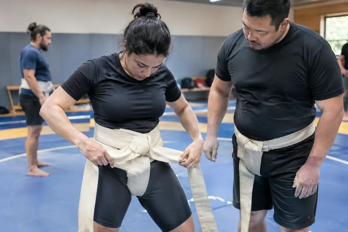 Un débutant noue un mawashi en coton au dojo tandis qu’un encadrant vérifie l’ajustement de la tenue avant l’entraînement.