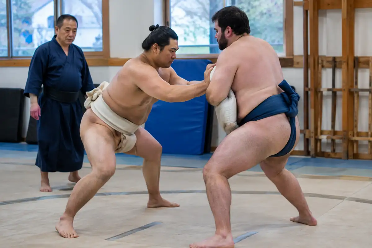 Deux pratiquants travaillent une poussée de sumo contrôlée, pieds stables et genoux fléchis, sous le regard d’un entraîneur.