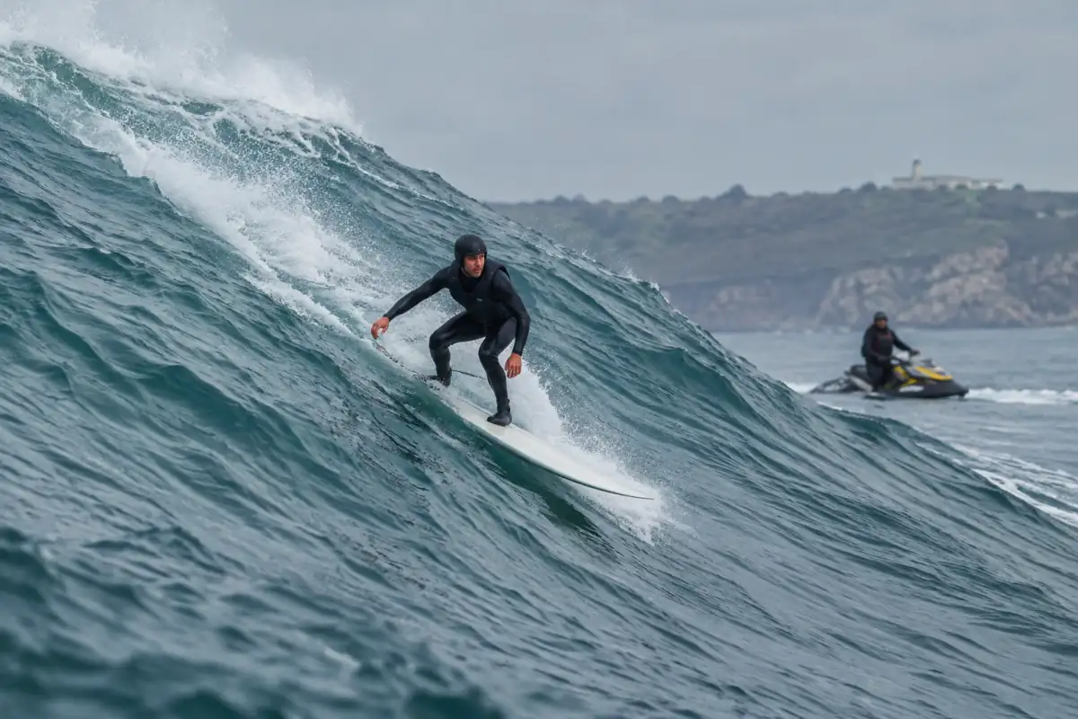 Surfeur en casque et gilet descend la face d’une grosse vague, tandis qu’un jet-ski de sécurité reste à distance.