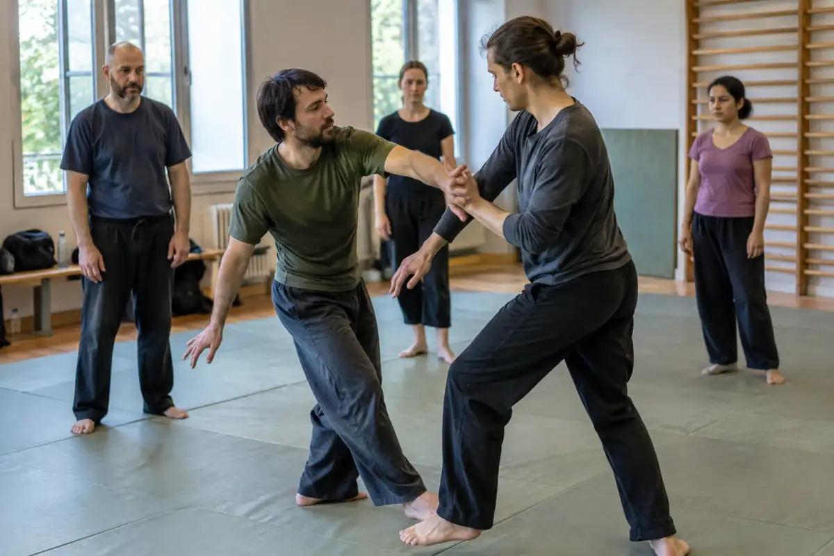 Deux pratiquants travaillent une esquive et un déplacement contrôlé pendant un cours de Systema dans une salle de sport.