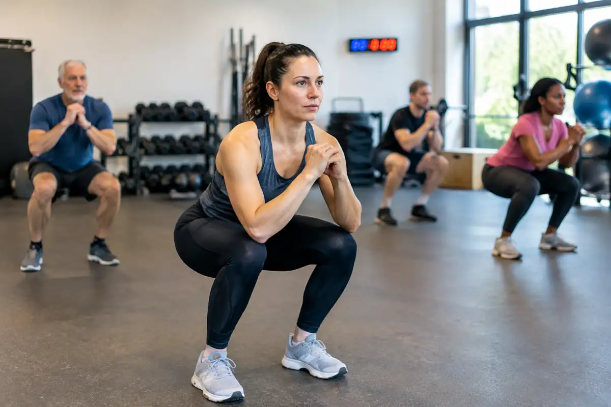 Séance de Tabata en salle : une pratiquante réalise des squats au poids du corps pendant un intervalle d’effort intense.
