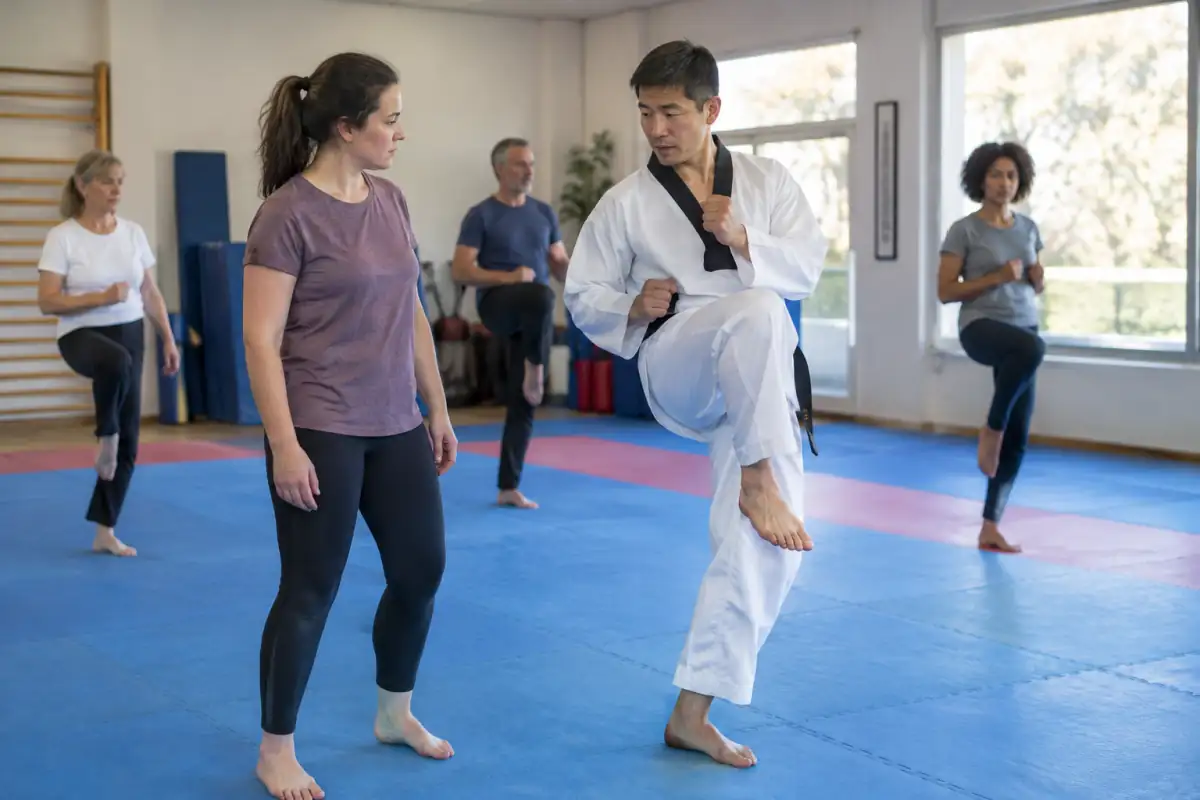 Un adulte débutant observe un professeur démontrer un coup de pied bas et contrôlé pendant un cours d’essai de taekwondo.