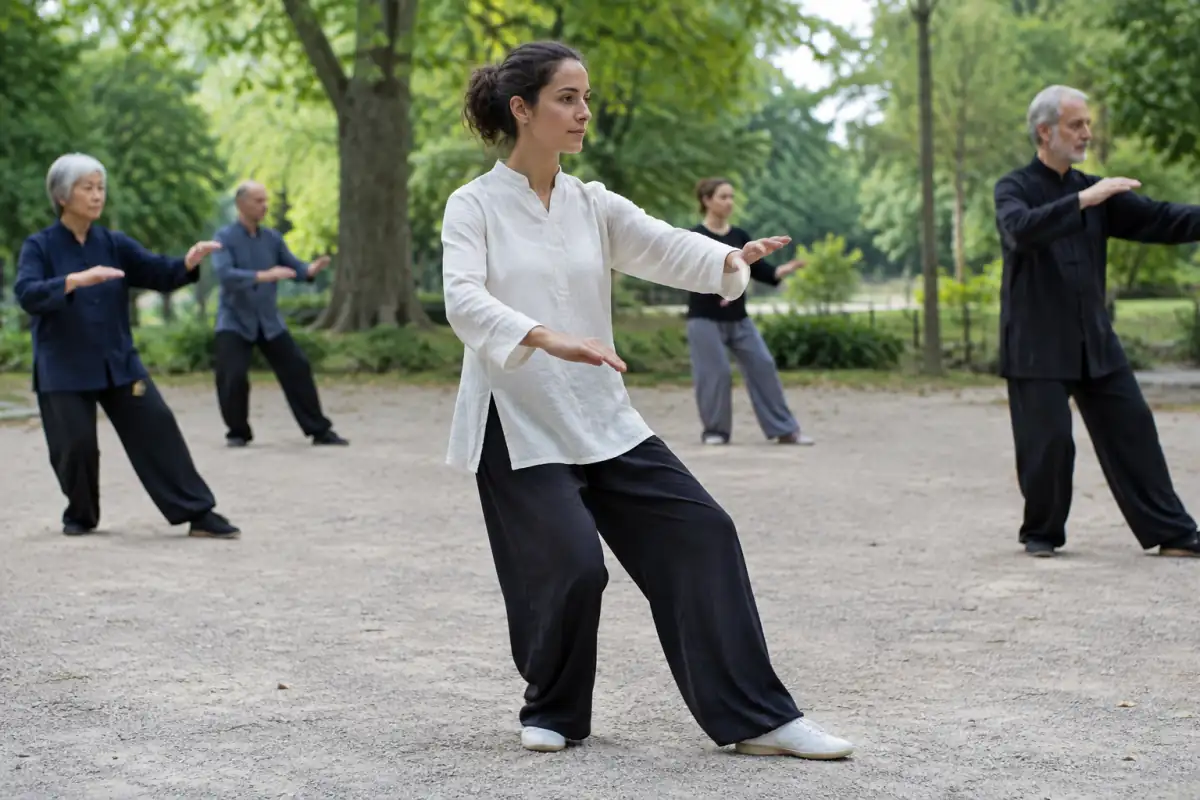 Une pratiquante exécute lentement une posture de tai-chi-chuan dans un parc, en travaillant l’équilibre et le transfert d’appui.