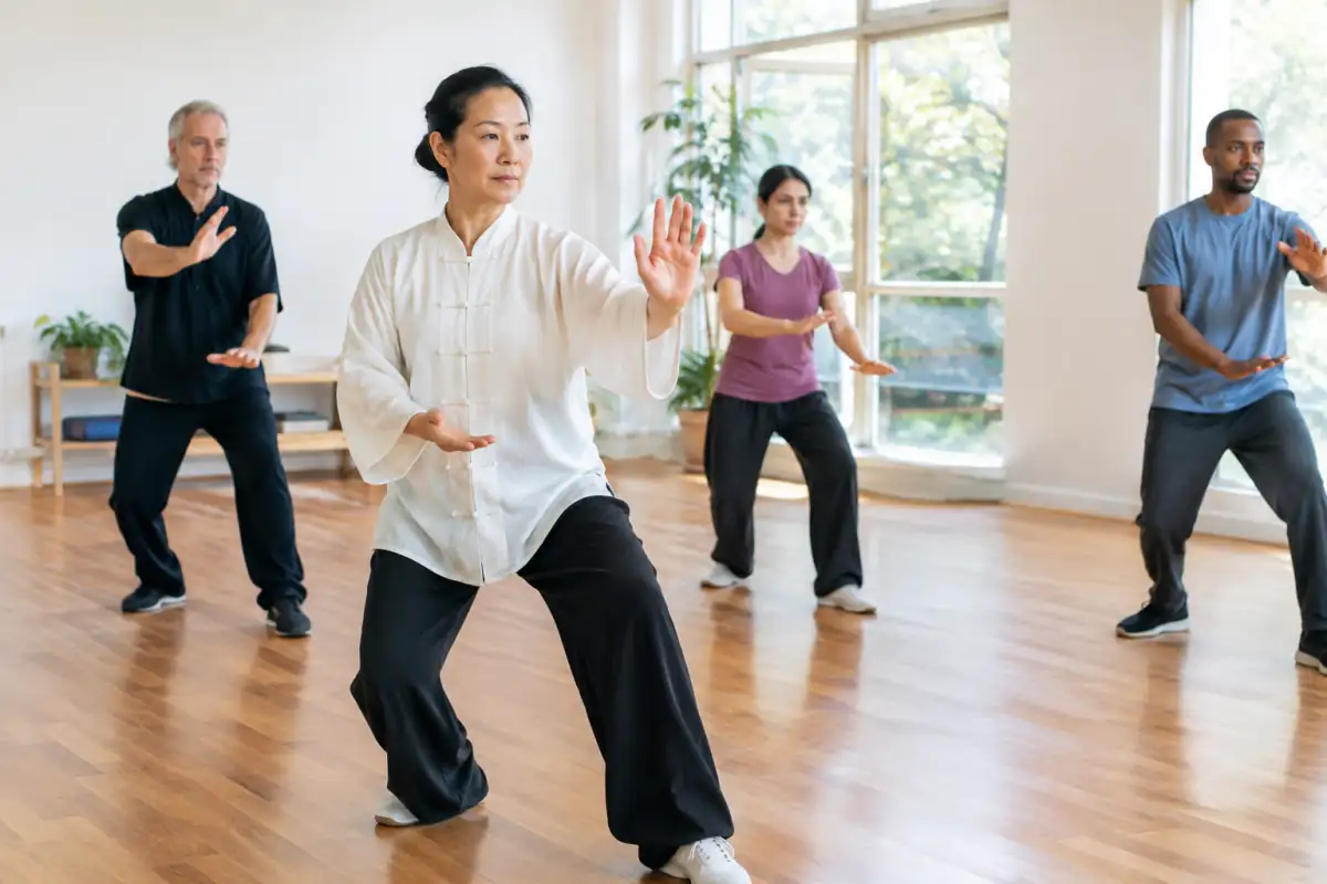 Un professeur montre un transfert de poids en tai-chi-chuan à des élèves qui observent la posture et le mouvement des bras.