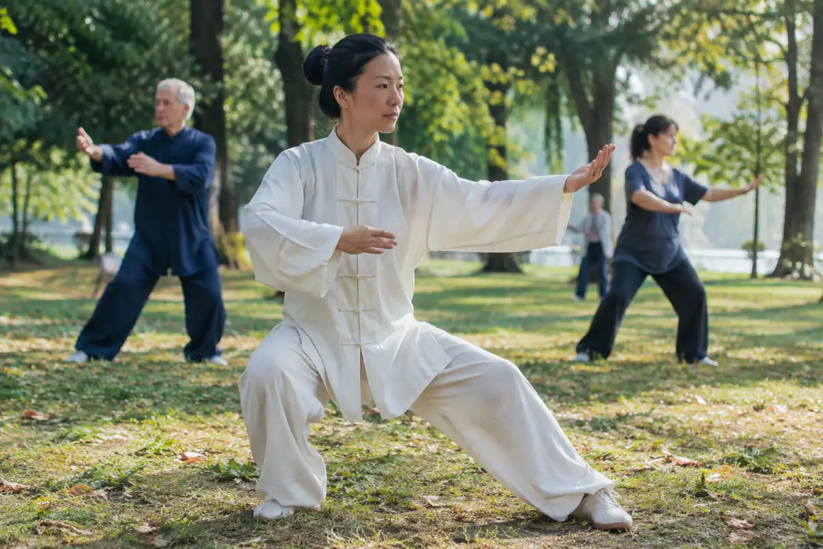 Pratiquante de tai-chi style Chen exécutant une posture spiralée en appui stable lors d’un cours en plein air.