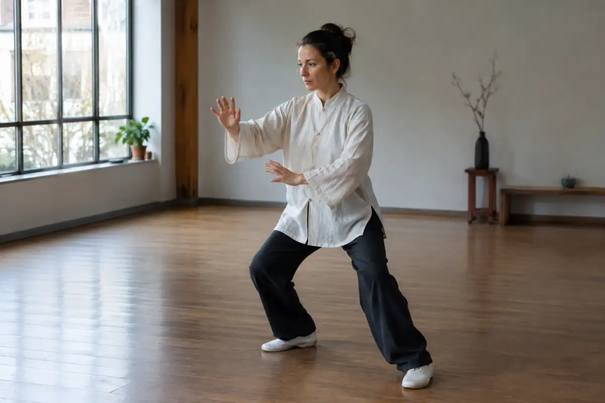 Pratiquante exécutant une posture compacte et contrôlée de tai-chi style Wu dans une salle de pratique.