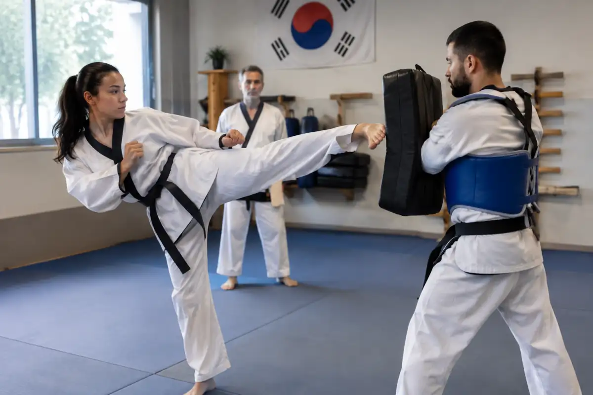 Deux pratiquants en dobok s’exercent au Tang Soo Do en salle, avec un coup de pied contrôlé vers une cible tenue par un partenaire.