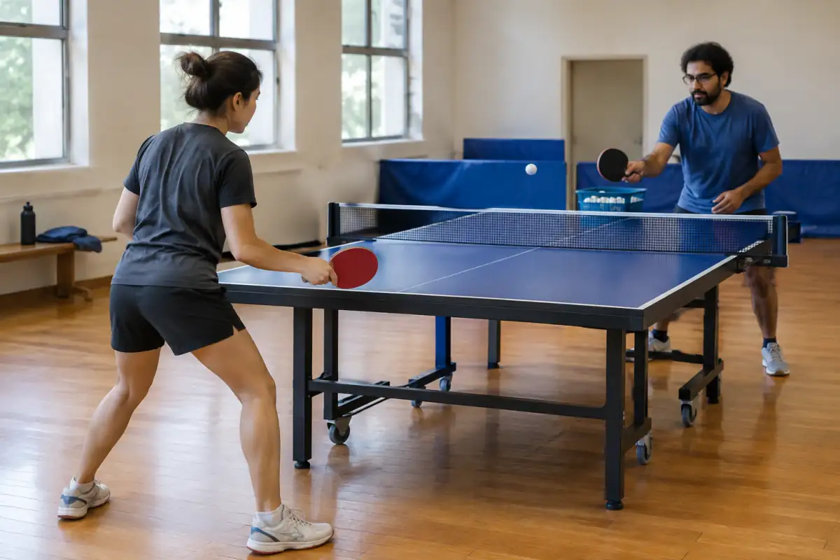Deux débutants travaillent la régularité au tennis de table, l’un renvoyant une balle pendant que son partenaire la distribue.