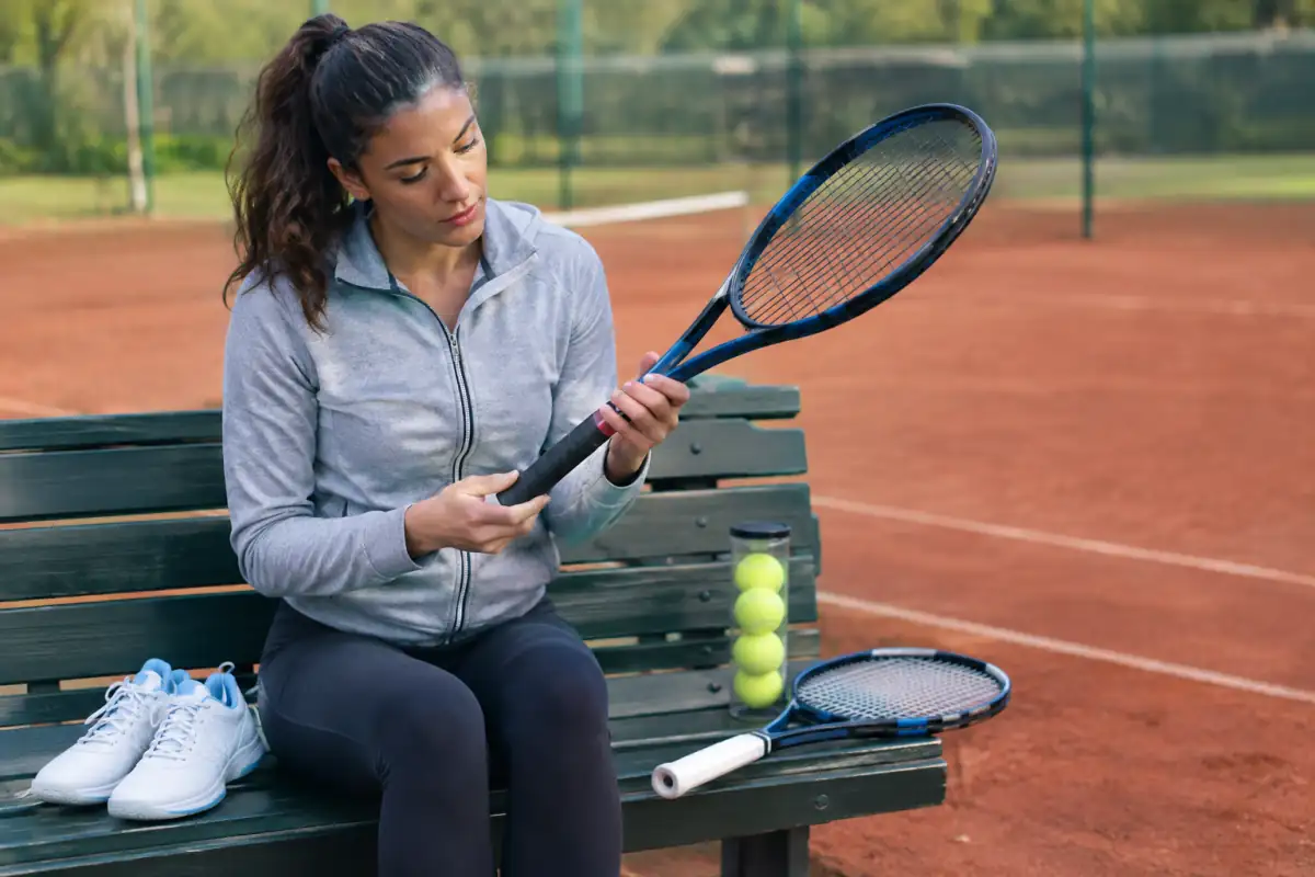 Un joueur débutant compare deux raquettes et vérifie la taille du manche près de chaussures de tennis et d’un tube de balles.