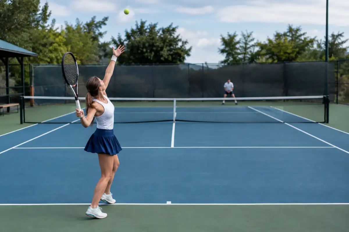 Un joueur de tennis sert derrière la ligne de fond en visant le carré de service opposé, sur un court aux lignes bien visibles.
