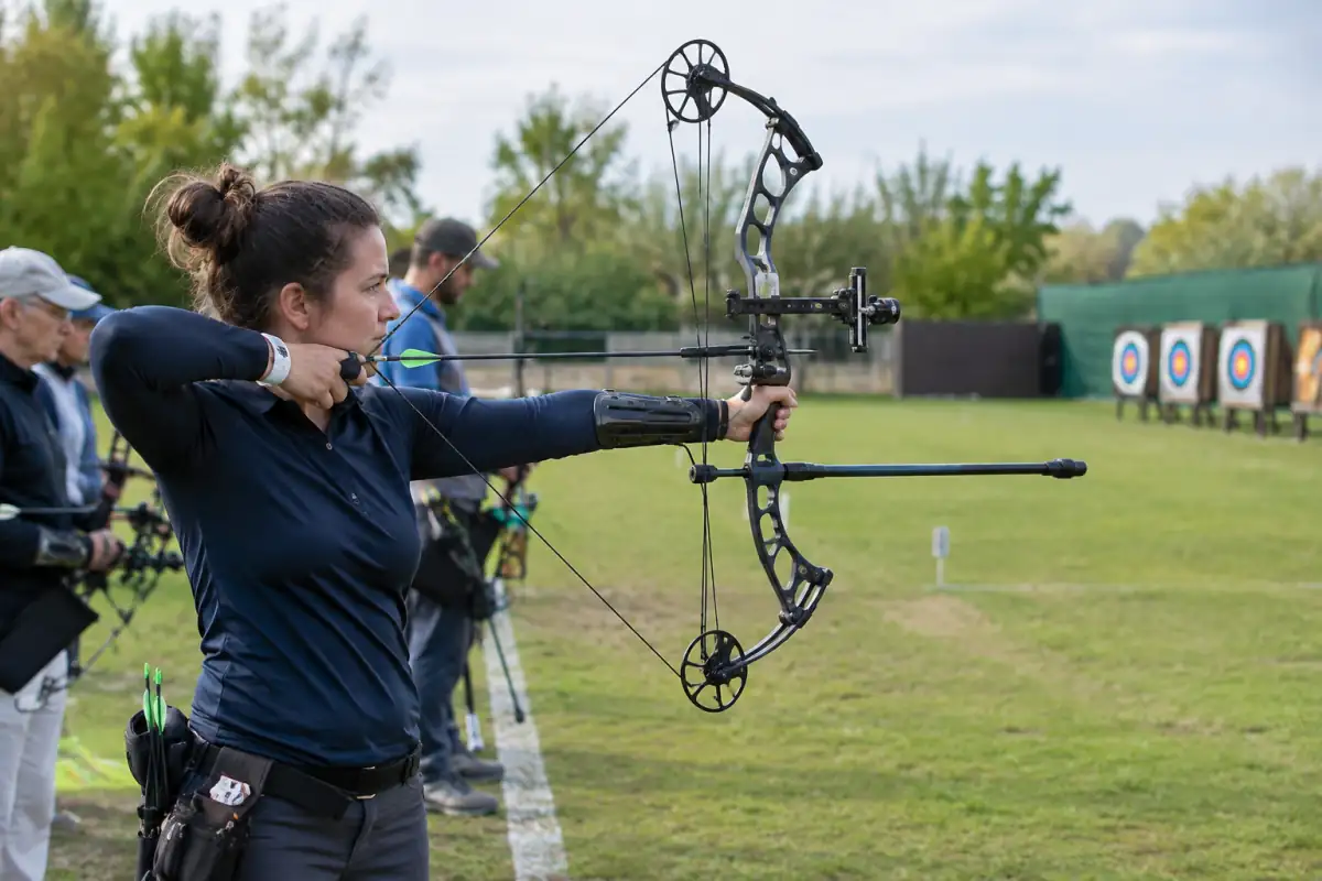 Un archer vise une cible avec un arc à poulies, son viseur, son stabilisateur et son déclencheur visibles sur un pas de tir extérieur.