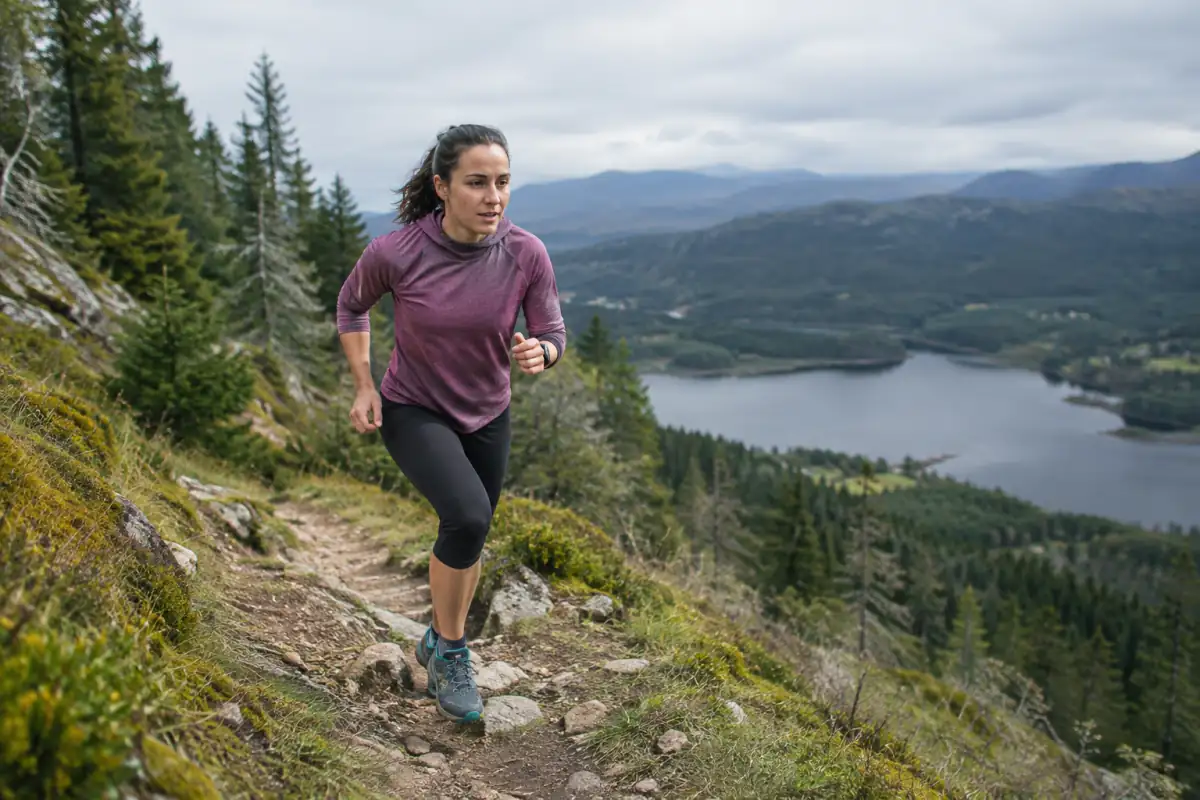 Coureur amateur en montée sur un sentier vallonné, illustrant une séance de côtes intégrée à un programme d’entraînement de trail.