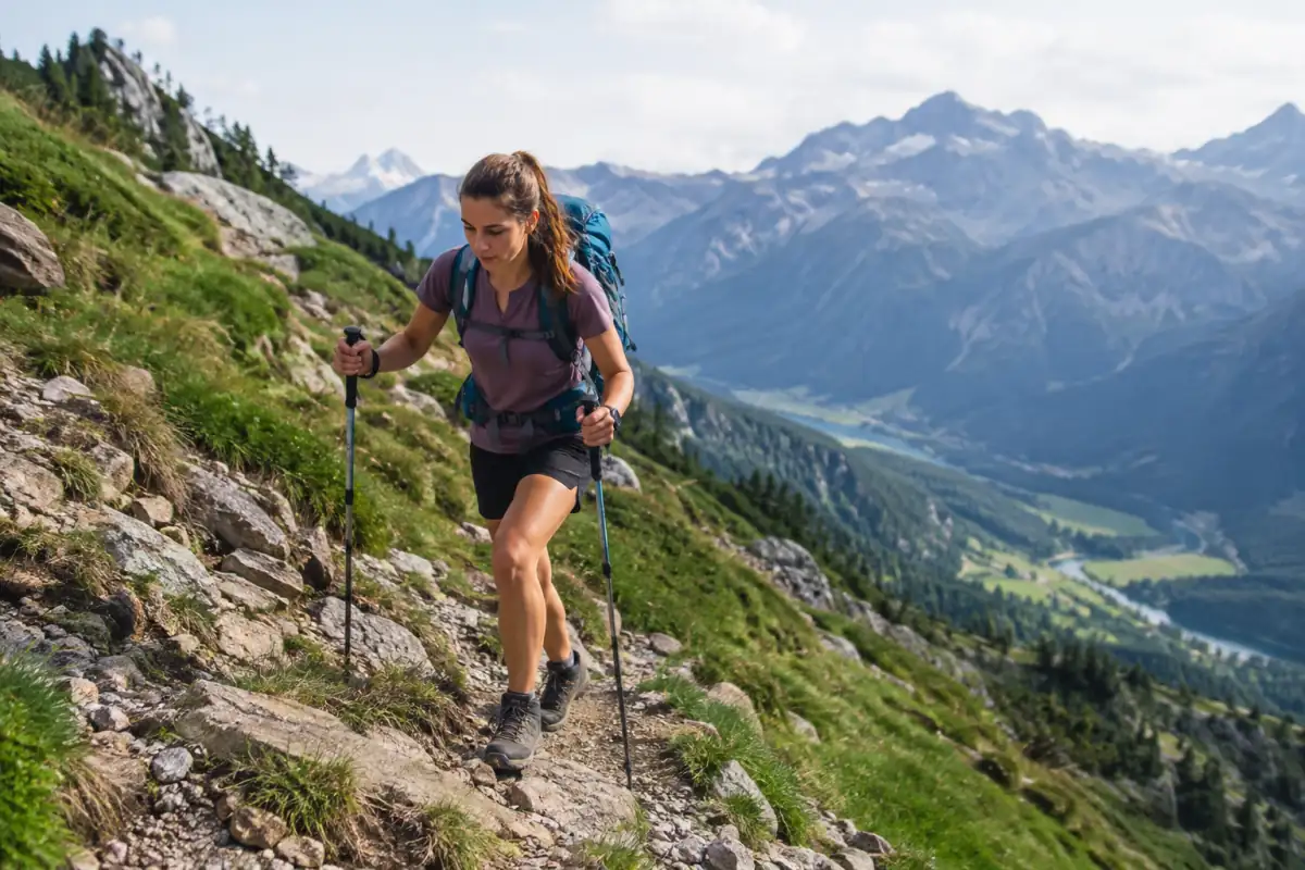 Randonneur en montée sur un sentier alpin avec un sac chargé, illustrant une séance progressive de préparation au trek.