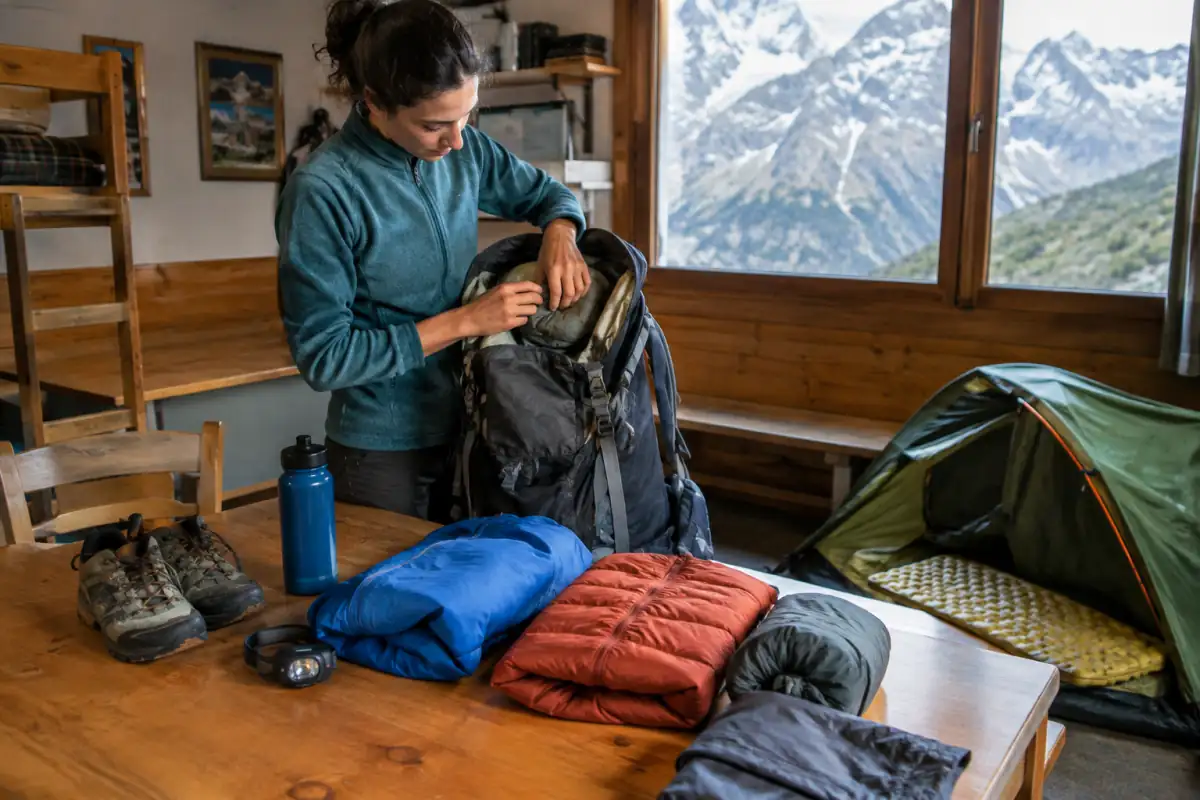 Randonneur organisant chaussures, vêtements, lampe et sac avant un trek, avec tente et matelas pour comparer l’équipement de bivouac.
