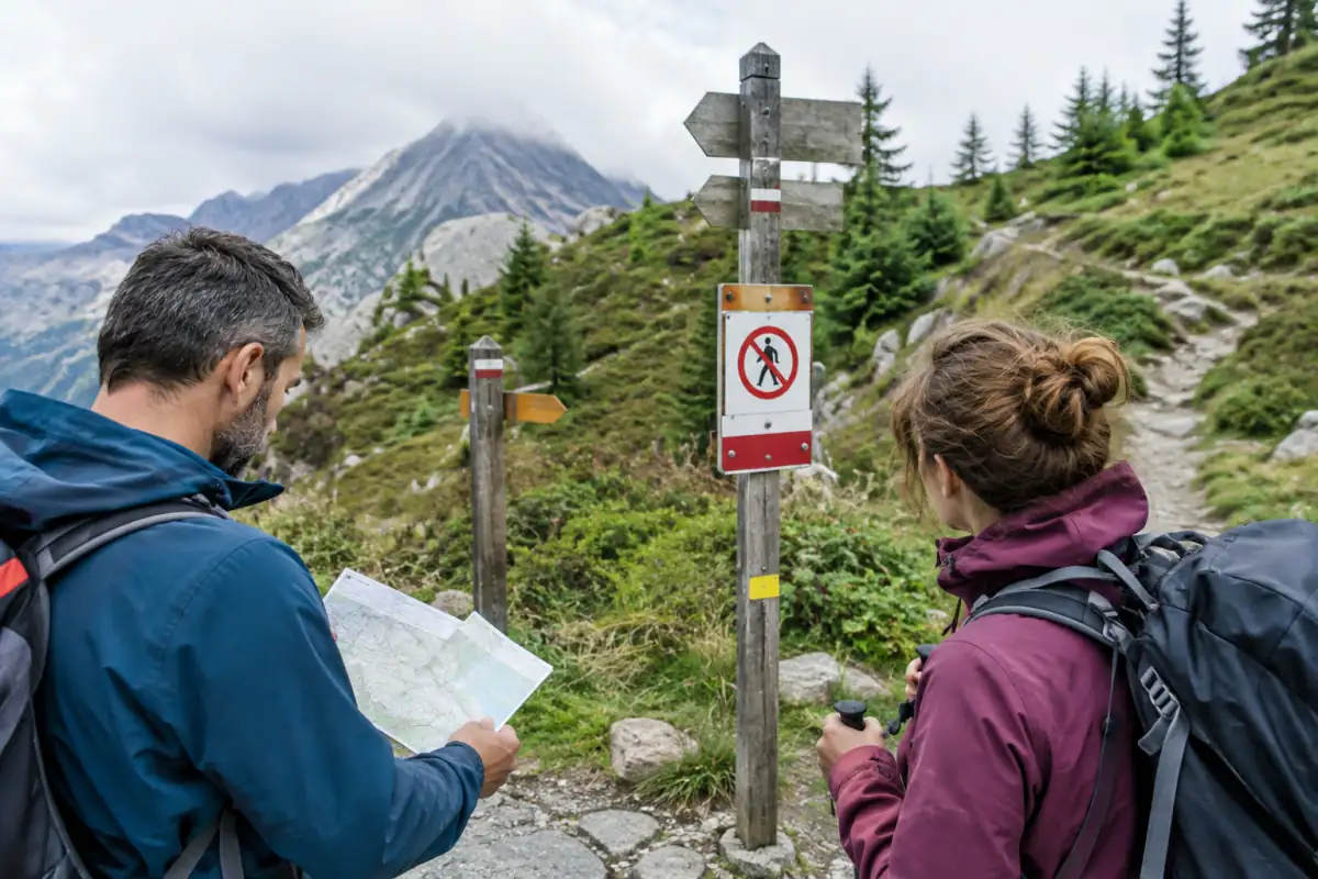 Deux randonneurs vérifient un panneau de réglementation et une carte à un carrefour de sentiers en montagne avant de poursuivre leur trek.