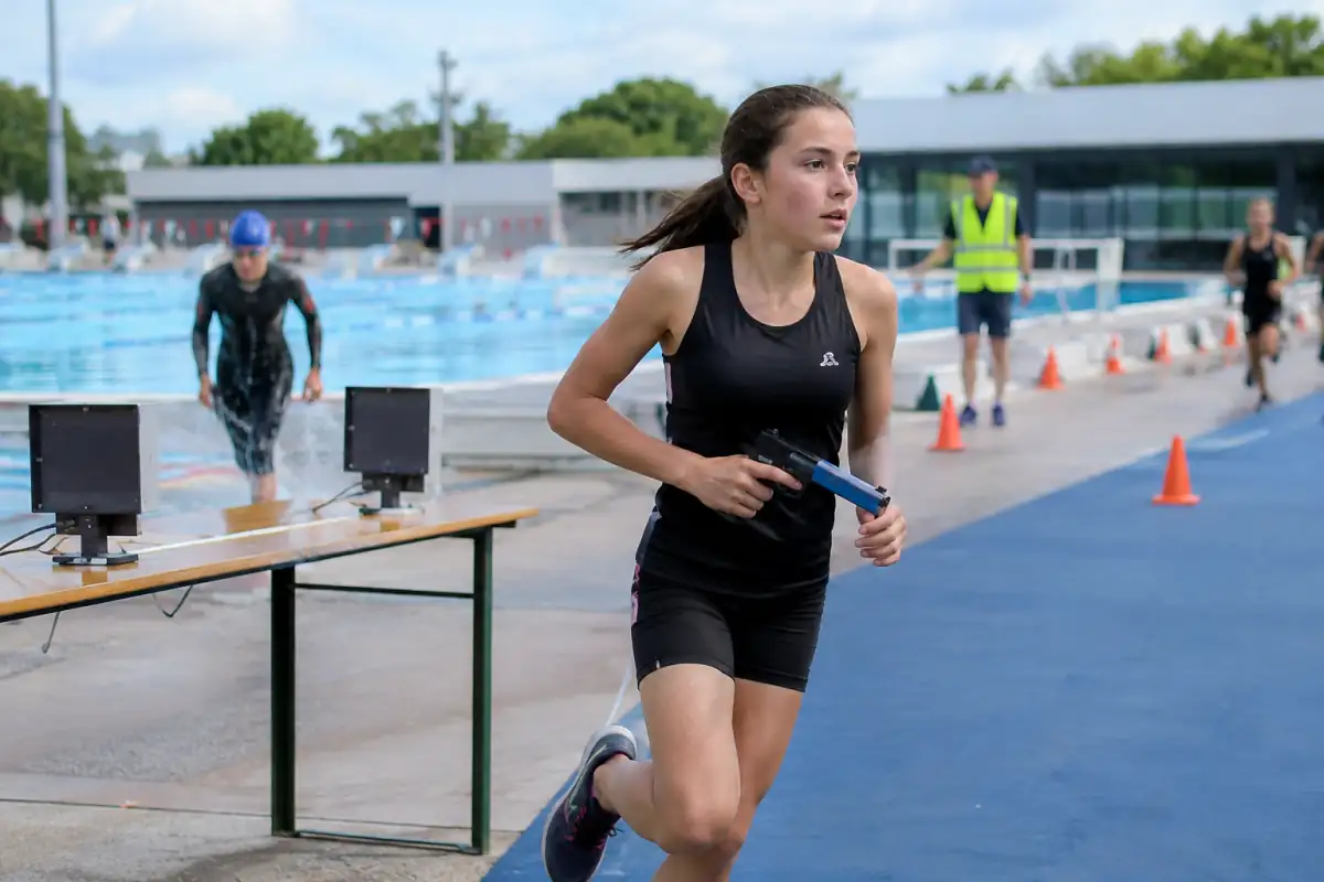 Une athlète de triathle quitte le pas de tir laser pour courir, avec la piscine visible sur le parcours.