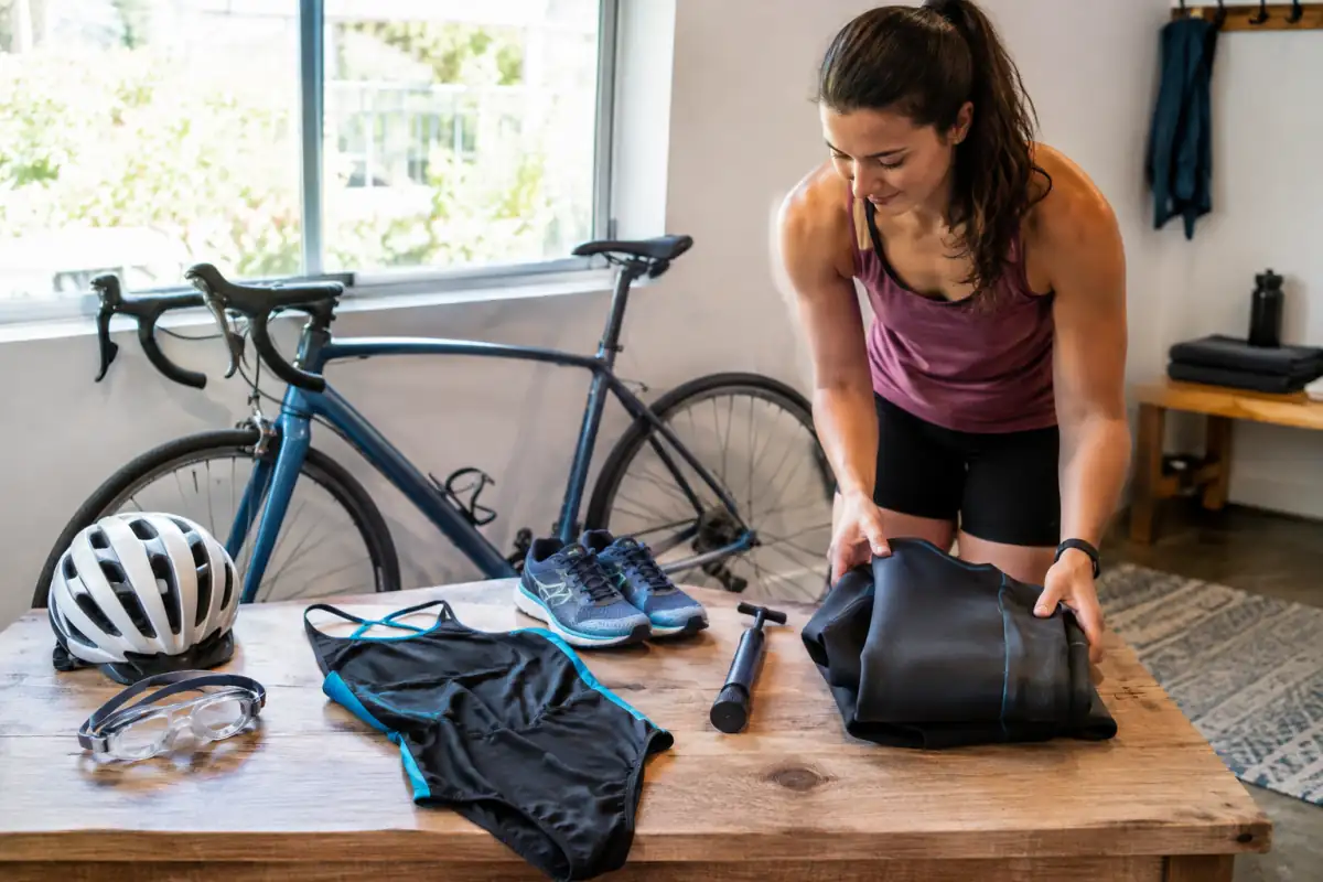 Équipement de triathlon pour débutant : vélo de route d’occasion, casque, lunettes de natation, chaussures de course et combinaison néoprène.