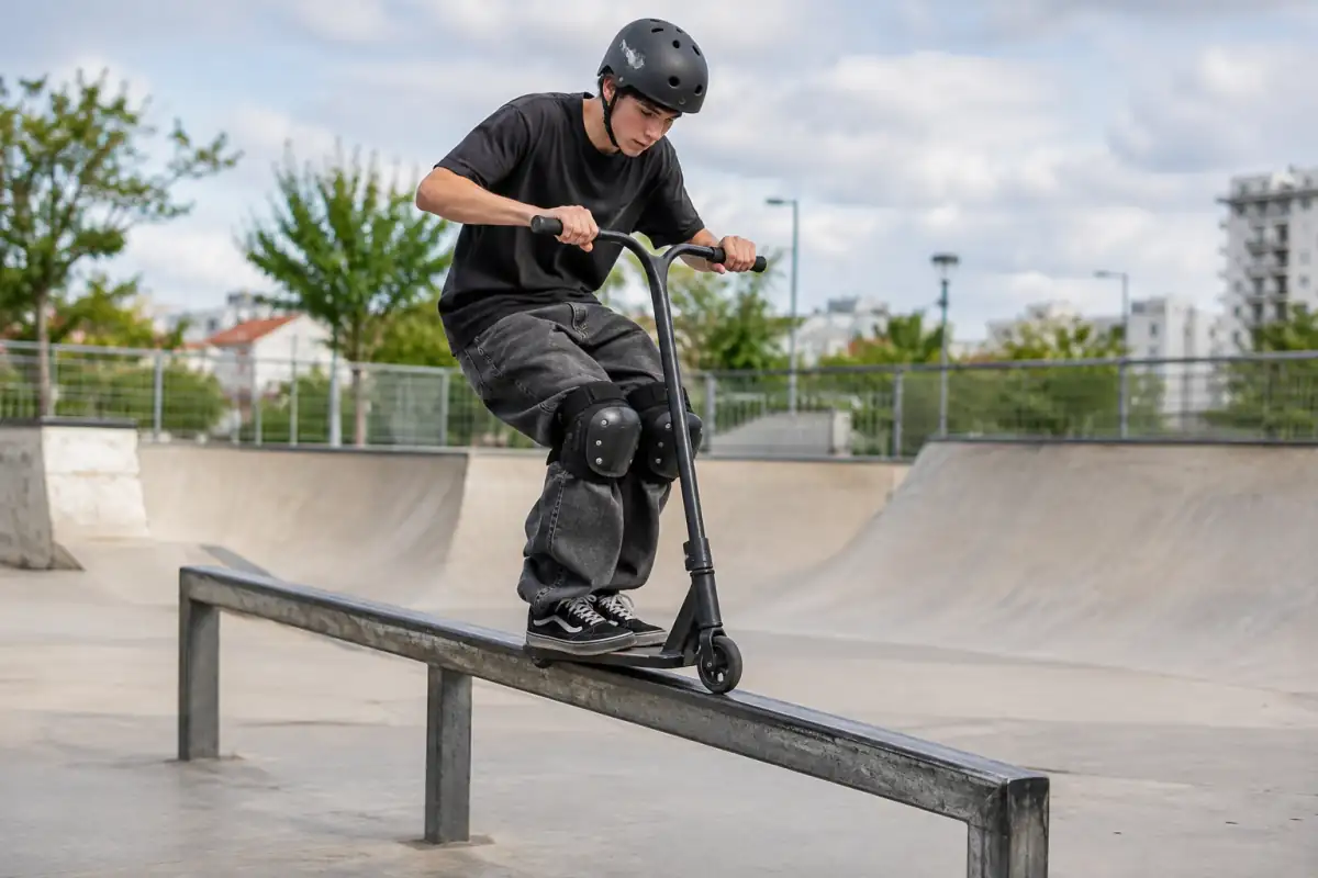 Un pratiquant en casque réalise une glissade sur un rail bas avec sa trottinette freestyle dans un skatepark extérieur.