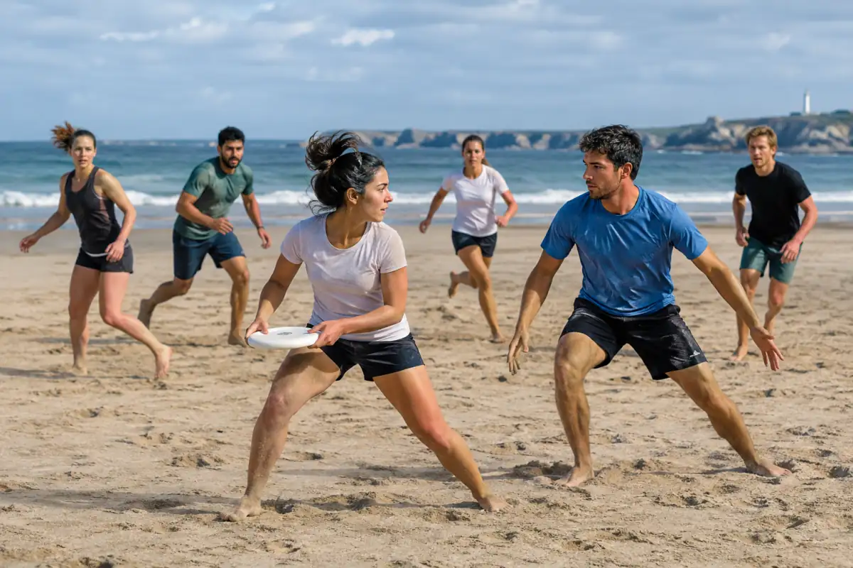 Joueurs d’ultimate de plage sur le sable, avec un défenseur qui marque le porteur du disque pendant un échange.